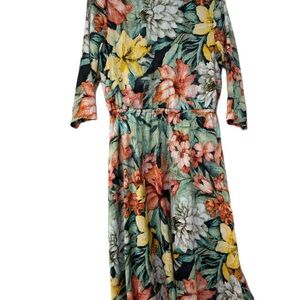 Green, Pink Yellow Floral Sundress with 3/4 Sleeves midi fun casual spring sz l